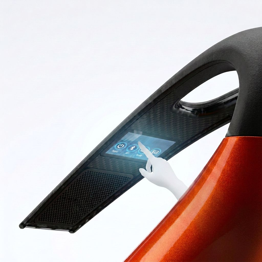 The control panel, overhead and in reach of a hand at rest. The panel and its four targets are on the original render; whether the Bluetooth glyph is original is unconfirmed. New render of the original concept.
