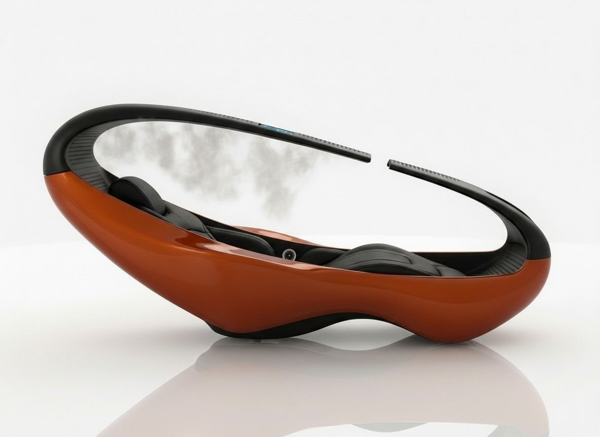 Amphibia side elevation: two black arcs sweeping over a gloss orange body, stopping short of closing.