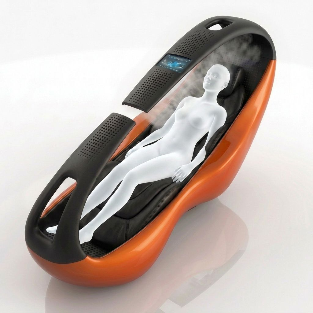 Occupied, fully reclined, arms down. The figure and the steam are new, the form is not. New render of the original concept.