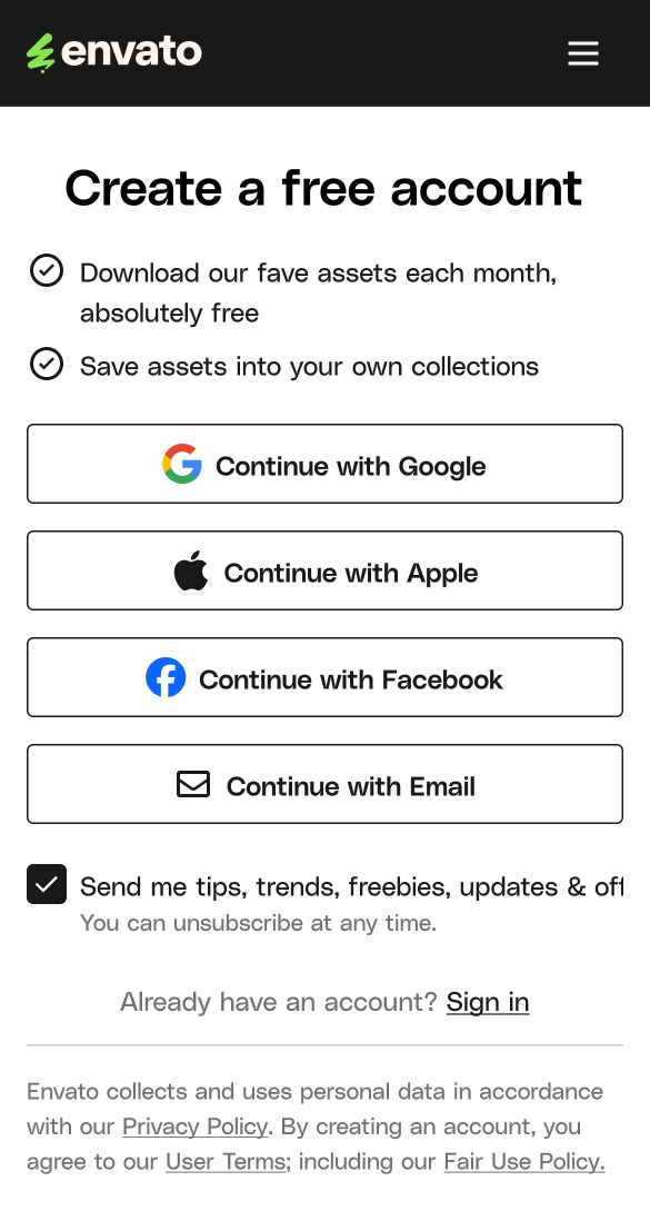 Create a free account screen on mobile