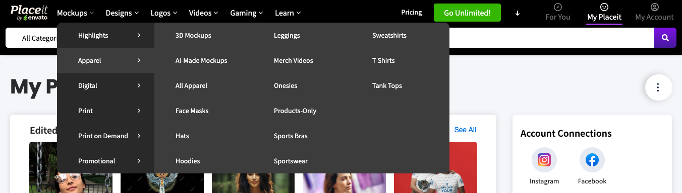 Placeit's shipped mega menu expanded over the page