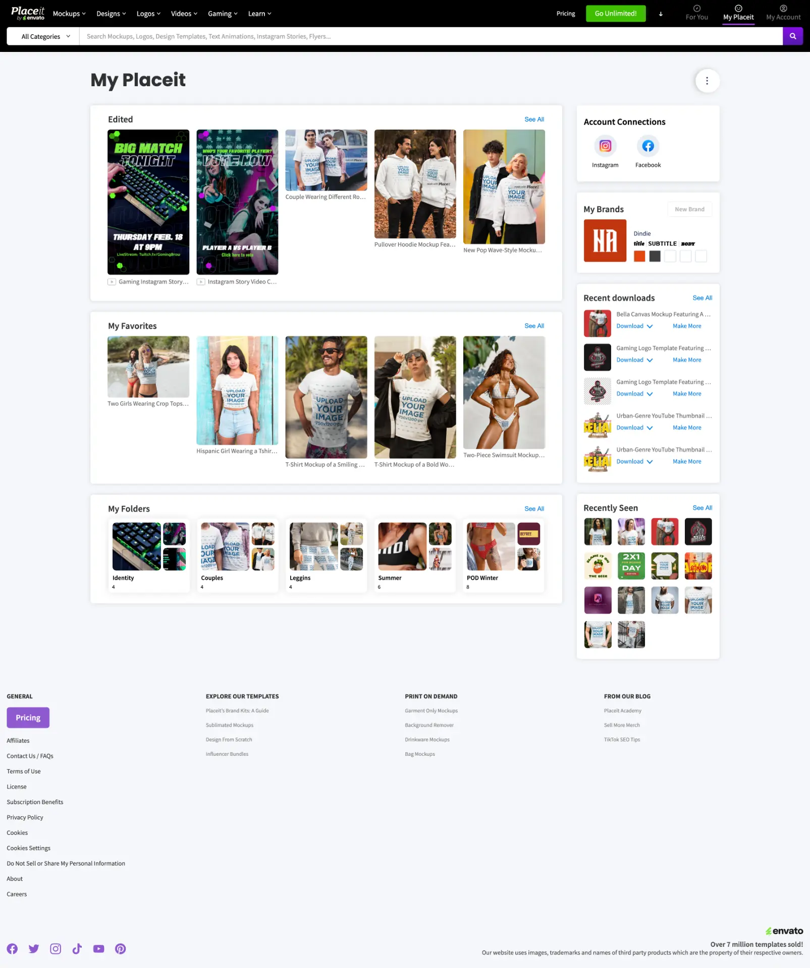 My Placeit dashboard: a single home base with Edited, Favorites, Downloads, Folders and Brand Kits