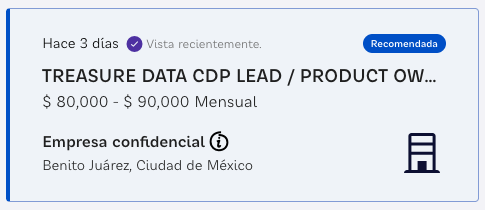 OCC Mundial job listing card showing 'Hace 3 días' publication date, job title, salary range, and company location.