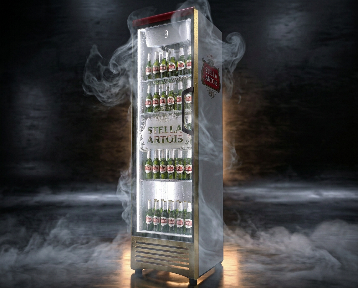 A facelifted cooler in Coca-Cola livery: red side panel with the Coca-Cola script, dark frameless glass door, interior lit on the product, cold vapour pouring from the top and pooling at the base.