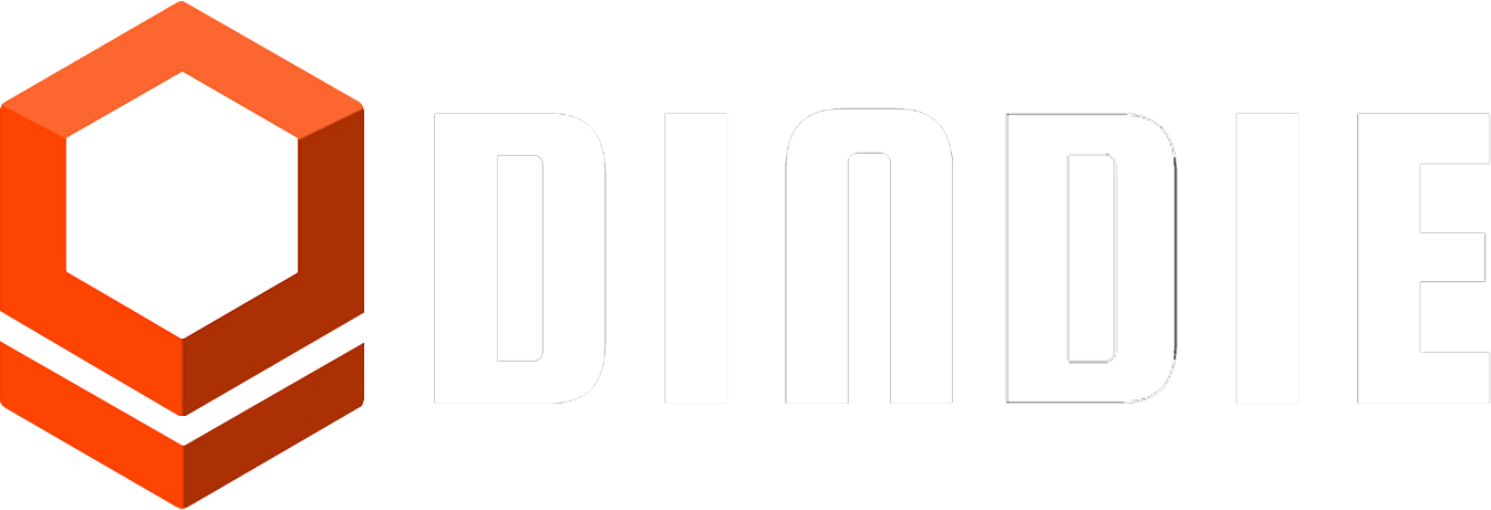 Dindie logo: an isometric cube in negative space with a downward download arrow