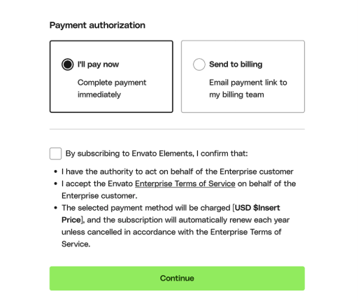 Payment authorization screen: pay now or send to billing, with terms confirmation