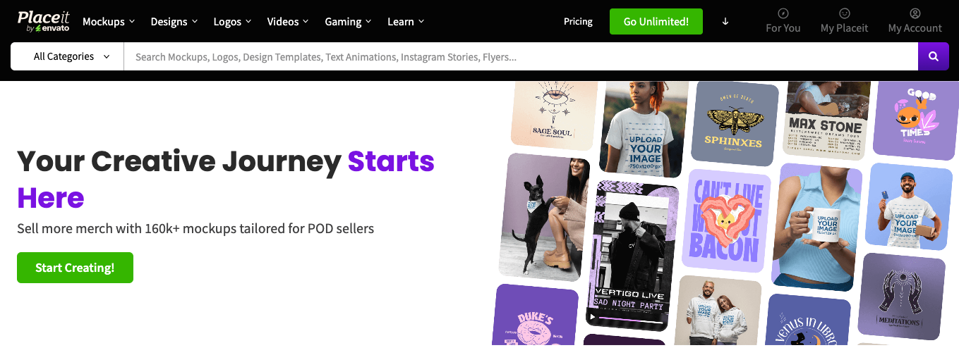 Placeit homepage hero with the green Start Creating call-to-action button that won the color test