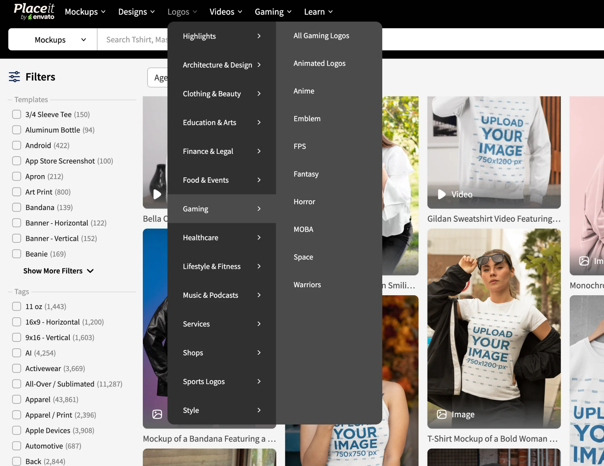 Placeit's shipped mega menu: the Logos parent expands into subcategories such as All Gaming Logos, Animated Logos, Anime, Emblem, FPS, Fantasy, Horror, MOBA, Space, and Warriors.