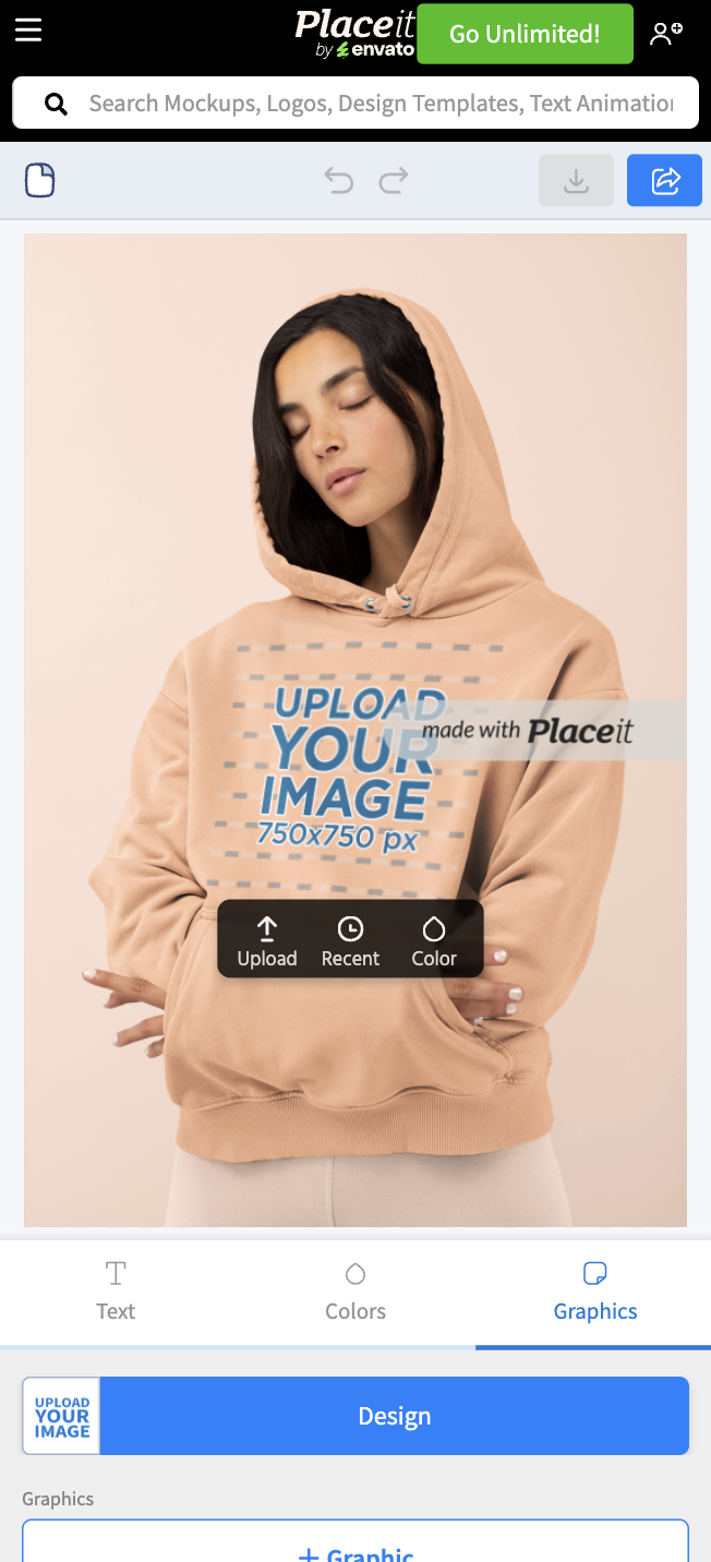 Placeit mobile editor showing the upload prompt on a hoodie template.