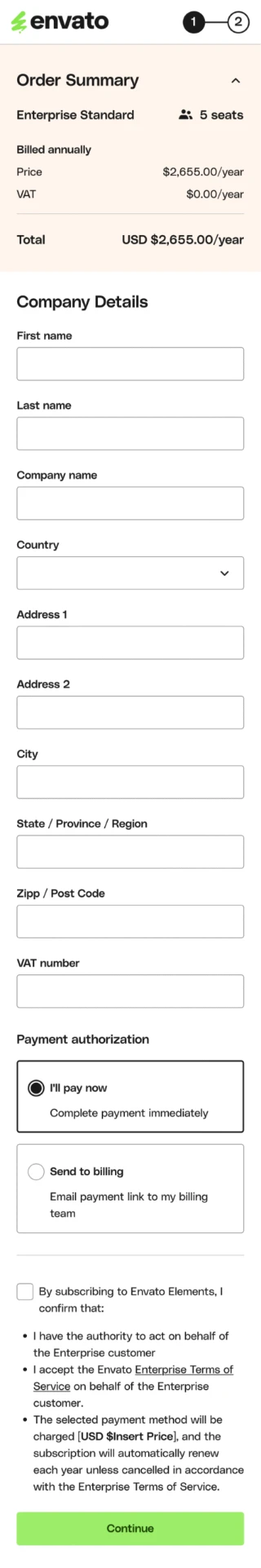 Company details with pay now selected on mobile