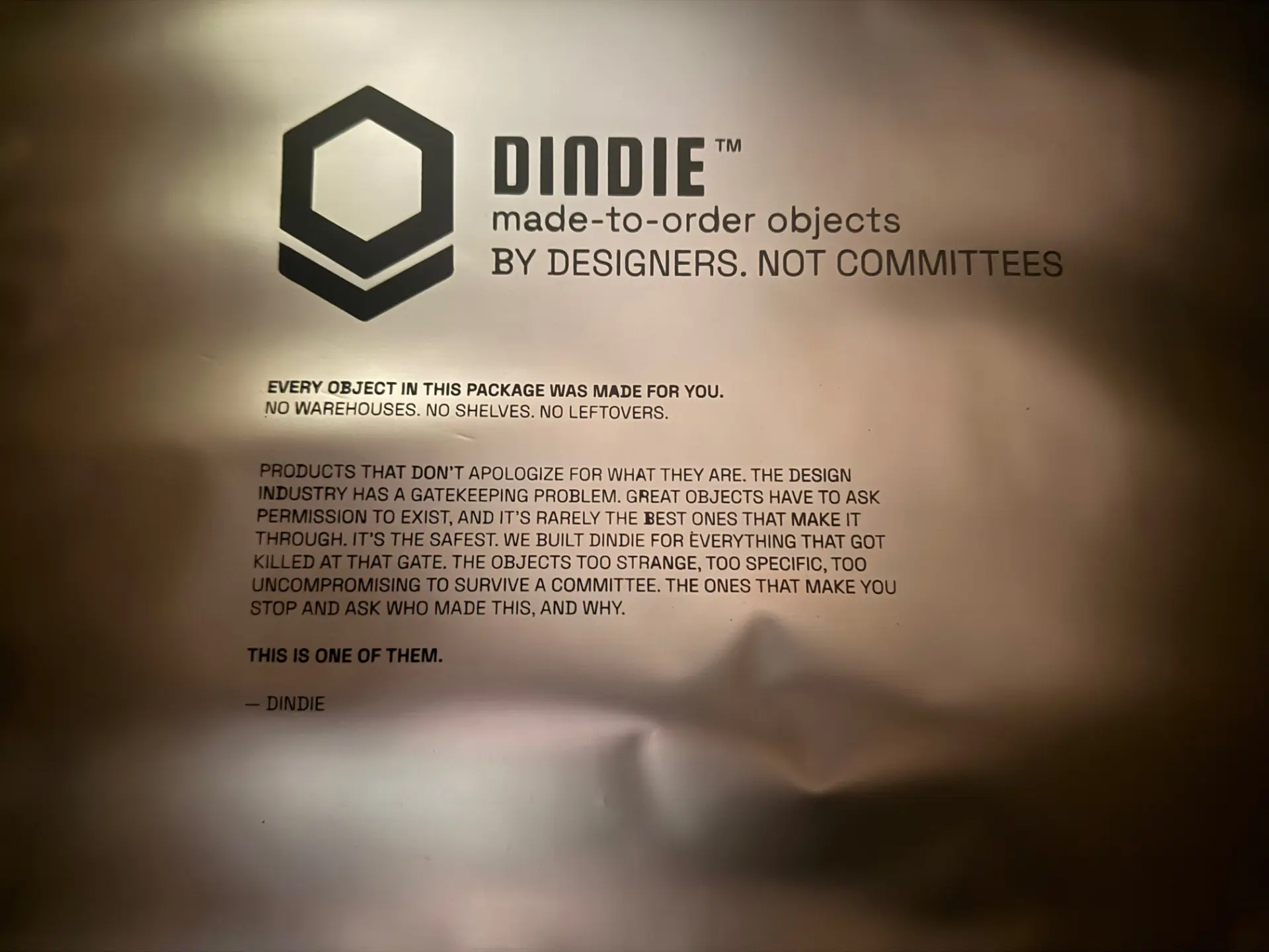 Dindie metallic poly mailer printed with: Every object in this package was made for you. No warehouses. No shelves. No leftovers.