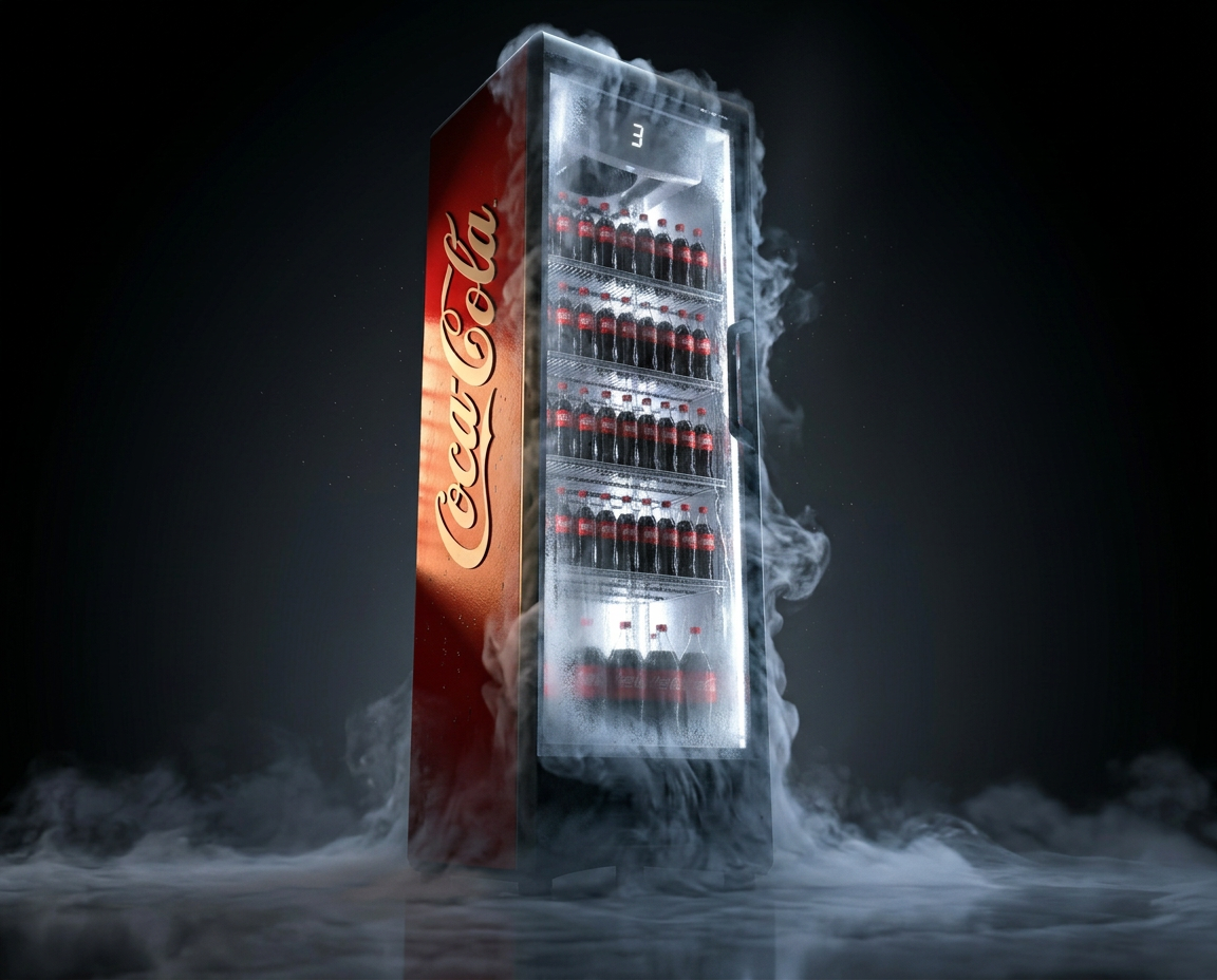 A facelifted cooler in Stella Artois livery: off-white body with red top panel, gold door frame and vent grille, Stella Artois crest and gold lettering on the glass, condensation beading on the frame, low fog around the base.