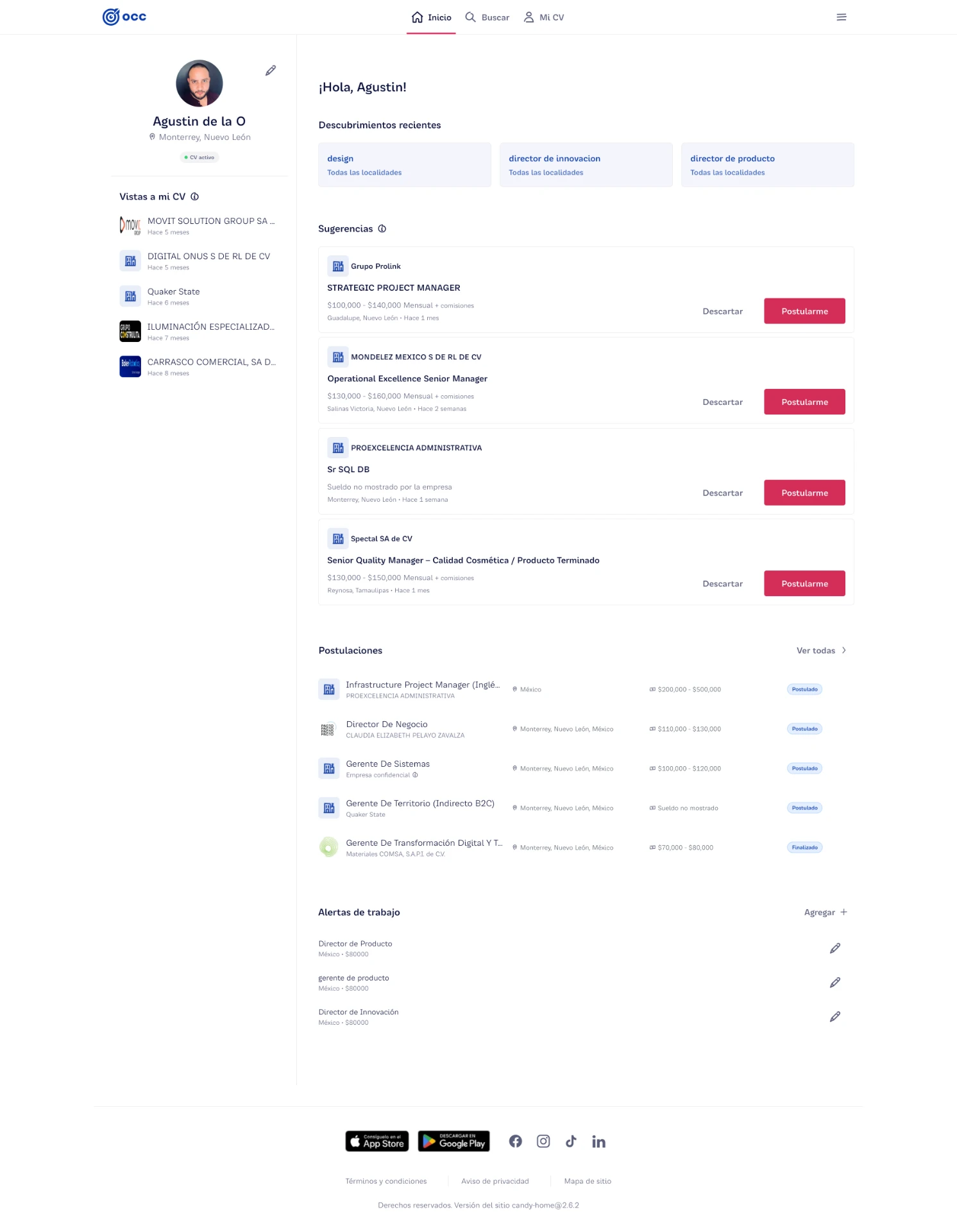 OCC Mundial candidate dashboard: CV views, recent discoveries, job suggestions, applications, and saved job alerts all in one home base.