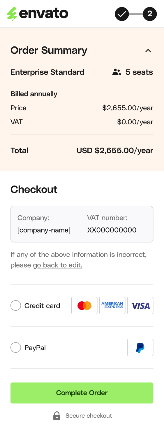 Checkout with payment method selection on mobile