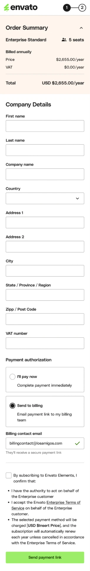 Company details with send to billing selected on mobile