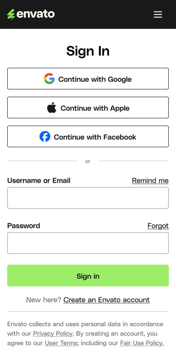 Sign in screen on mobile